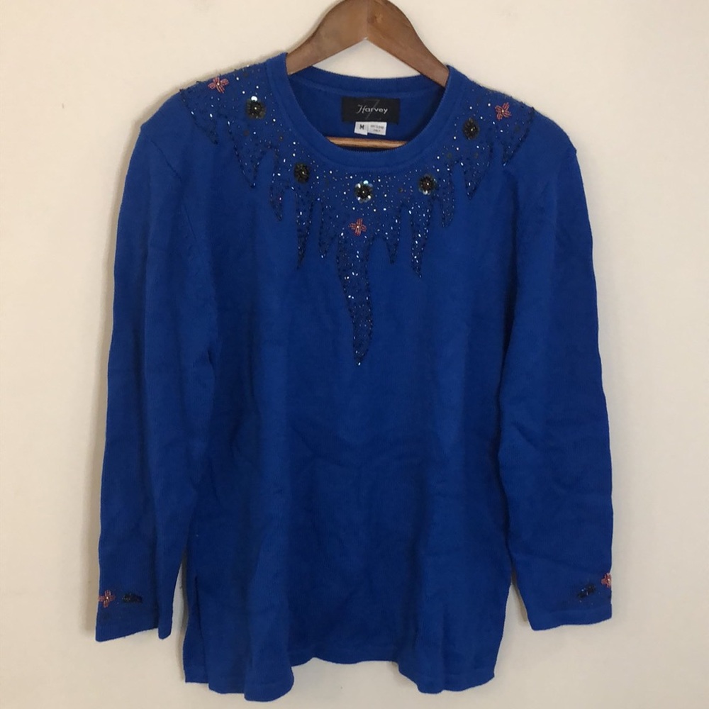 Harvey vintage wool blend blue sweater with sequined & beaded embellishments Med